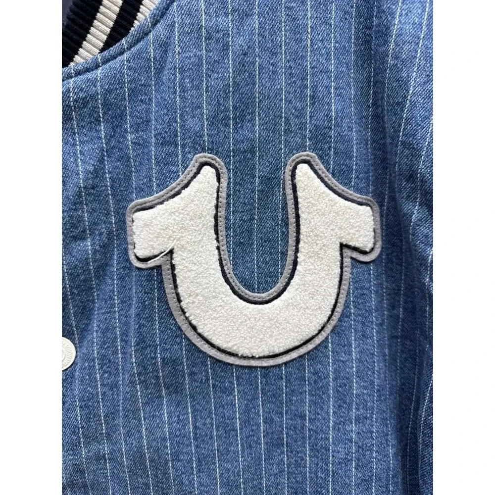 True Religion Jacket Varsity Pinstripe Full Snap Bomber Dress Blue Mens Size XXL